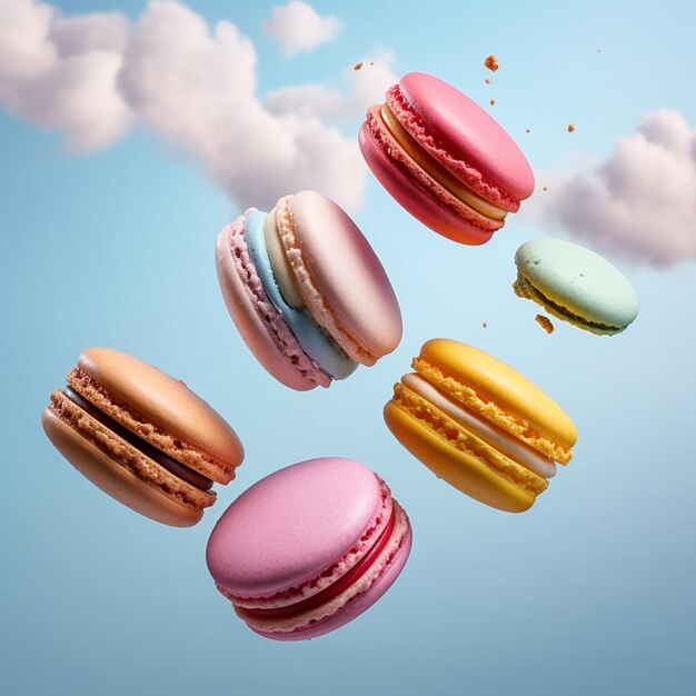 Foto close-up van macaroons die door de lucht vliegen