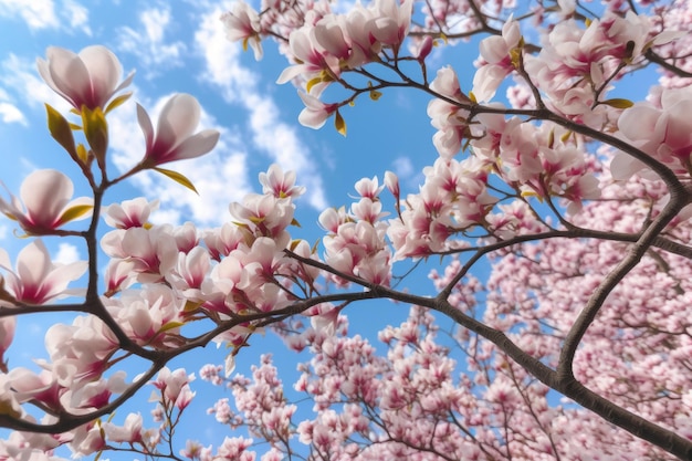 Close-up van magnolia bloesems tegen blauwe lucht gemaakt met generatieve AI