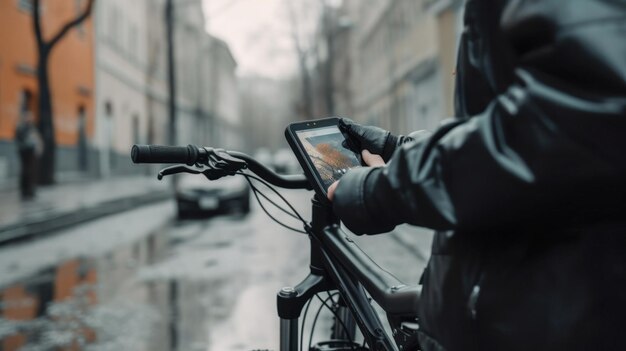Close-up van man met fiets op straat hij zet GPS op zijn smartphone bezorger gemaakt met AI.