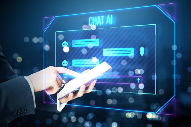 Close-up van mannelijke hand die naar tablet wijst met creatieve AI chat hologram op wazige bokeh nacht stad achtergrond Chat GPT en communicatie bot concept Dubbele blootstelling