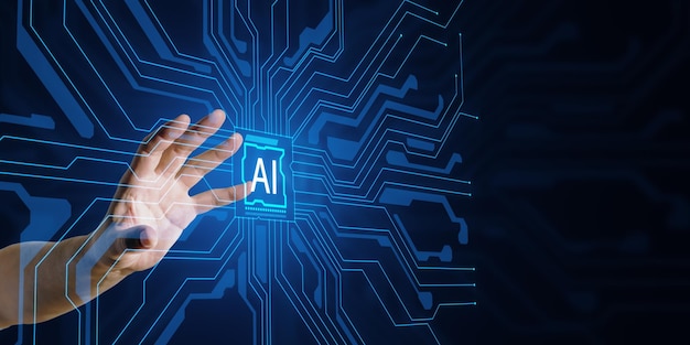 Close-up van mannelijke hand met behulp van creatief AI-circuit hologram op blauwe achtergrond met mock-up plaats Kunstmatige intelligentie en innovatief concept