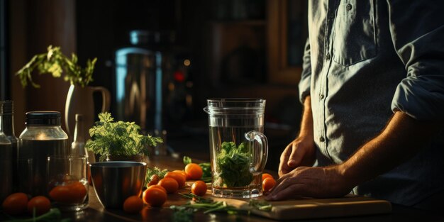 Foto close-up van mannelijke handen die een smoothie met vers fruit en bessen bereiden