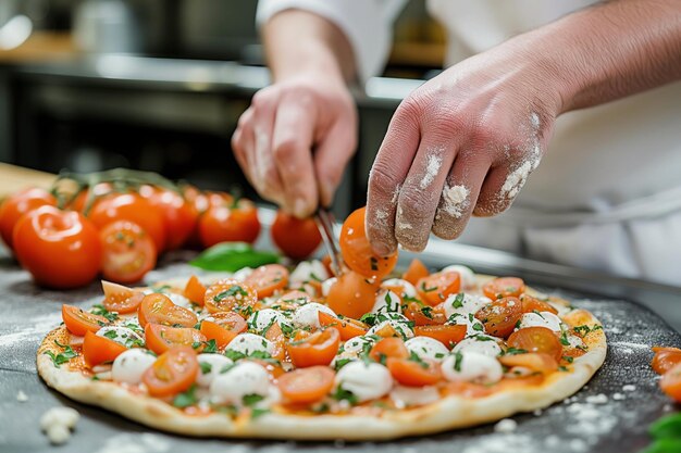 Close-up van mannelijke handen die pizza bereiden met tomaten en mozzarella