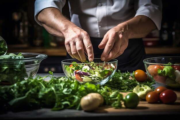 Close-up van mannelijke handen die verse salade in een schaal mengen