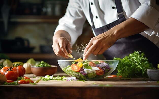 Close-up van mannelijke handen die verse salade in een schaal mengen