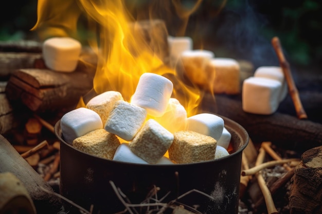 Close-up van marshmallows roosteren boven kampvuur gemaakt met generatieve ai