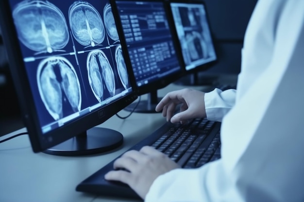 close-up van medisch ziekenhuis onherkenbaar neuroloog en neurochirurg praten gebruik computeranalyse