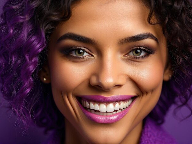 Foto close-up van meisje met paarse krullen suggereert creativiteit en individualiteit