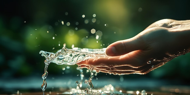 Close-up van menselijke handen die groen blad vasthouden en buiten water spetteren