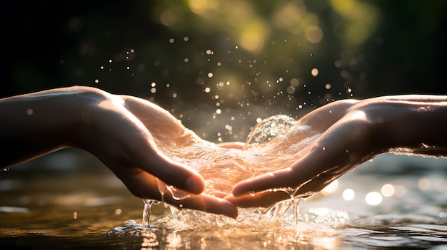 Close-up van menselijke handen die waterdruppels vasthouden en op de achtergrond van de natuur spetteren