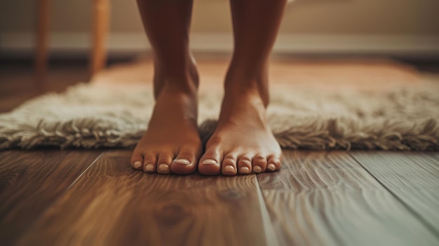 Close-up van mensen met blote voeten op een houten vloer