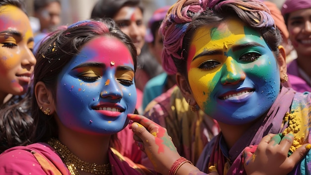 close-up van mensen smeeren kleurrijk voor Holika Dahan vieren