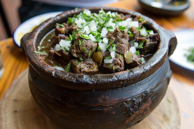 Foto close-up van menudo versierd met gehakte uien