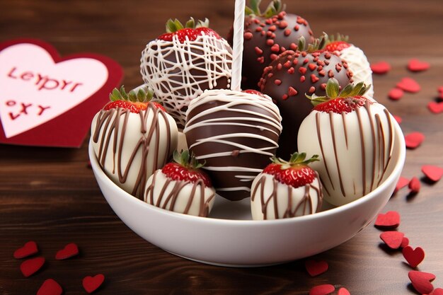 Foto close-up van met chocolade bedekte aardbeien in een hartvormige doos