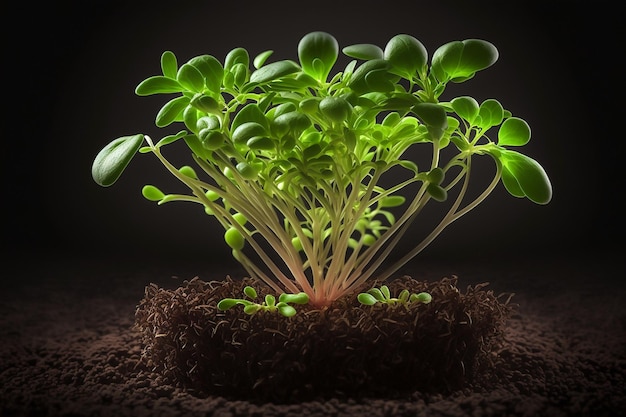 Close-up van microgroene broccoli in aarde op een donkere achtergrond Concept van thuis tuinieren en groen kweken binnenshuis Superfood voor de vegetariër Afbeelding is AI gegenereerd