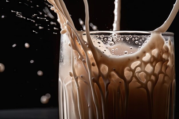 Close-up van milkshake met waterdruppeltjes en het zichtbare rietje gemaakt met generatieve ai