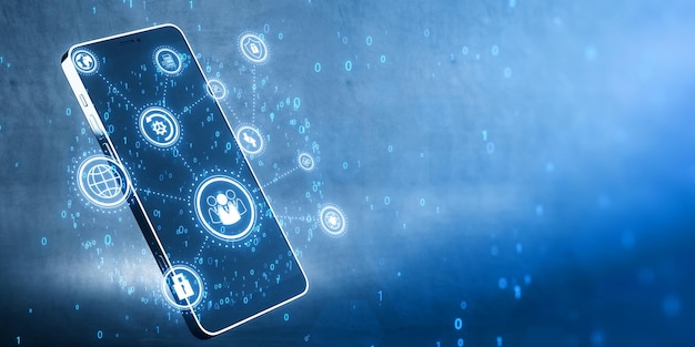 Close up van mobiele telefoon met creatieve verbonden digitale bedrijfsinterface met verschillende pictogrammen en binaire code op onscherpe achtergrond Softwareontwikkeling app global business en ai concept 3D Rendering