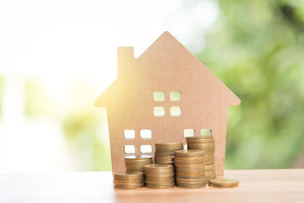 Close-up van modelhuis op munten aan tafel
