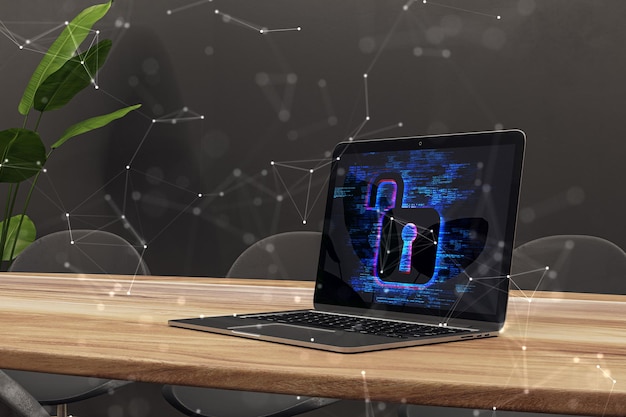 Close up van moderne houten designer werkplek met laptop en creatief veelhoekig digitaal veiligheidshologram op onscherpe achtergrond Veilige bescherming en hacking concept 3D Rendering