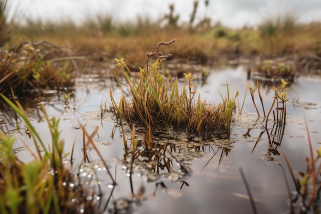 Close-up van moerasgebied met waterdruppels en planten zichtbaar gemaakt met generatieve ai