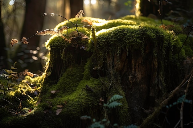 Close-up van mos op boomstam met zonlicht dat door de takken tuurt