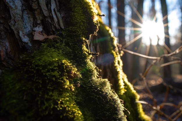 Close-up van mos op een boomstam waar de zon doorheen schijnt