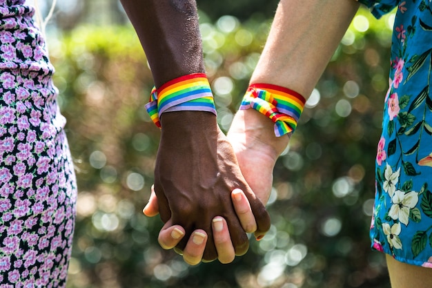 Close-up van multiraciaal lesbisch koppel hand in hand met onscherpe achtergrond LGBT-concept Love