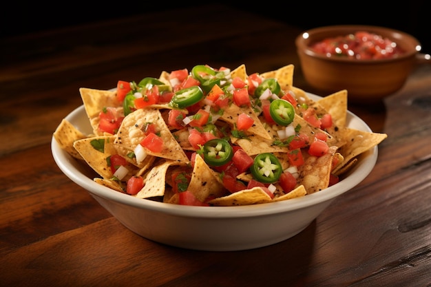 Foto close-up van nachos met gesneden tomaten en uien