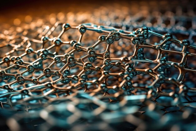 Close-up van nanomaterialen die hun unieke en ingewikkelde structuur laten zien, gemaakt met generatieve AI