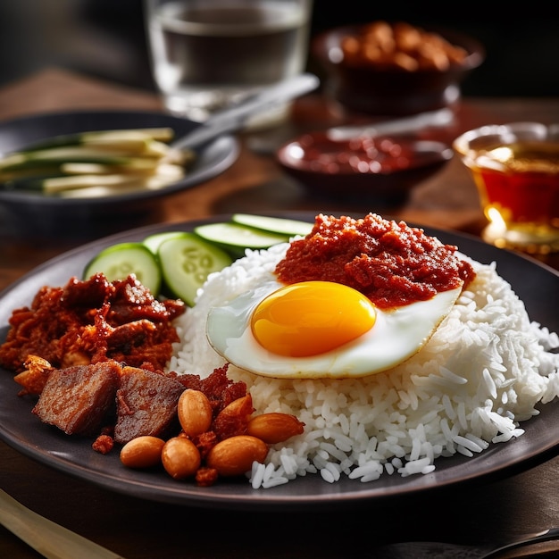 Close-up van nasi lemak met zonnig ei en saus Maleisisch eten Generatieve AI