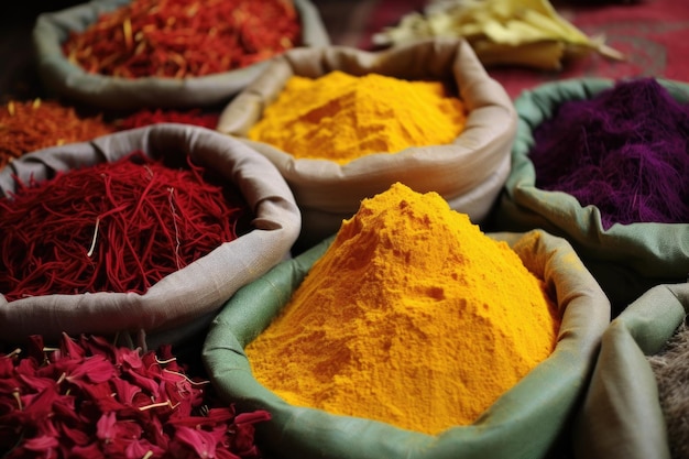 Close-up van natuurlijke kleurstofingrediënten voor sari-kleuren gemaakt met generatieve AI