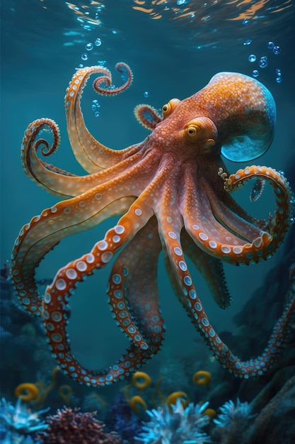 Close-up van octopus die onder water zwemt, gemaakt met behulp van generatieve AI-technologie