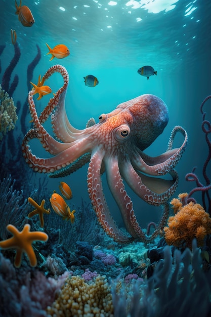 Close-up van octopus die onder water zwemt, gemaakt met behulp van generatieve AI-technologie