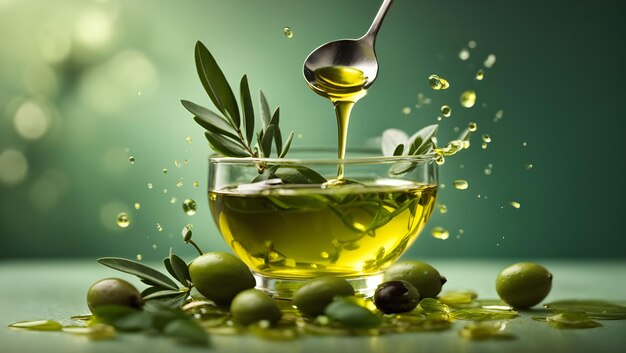 Foto close-up van olijfolie gegoten in een lepel over olijven op groene achtergrond