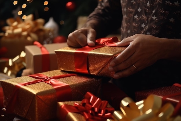 Close-up van onherkenbare afro-amerikaanse mensenhanden die veel gouden kerst voorbereiden
