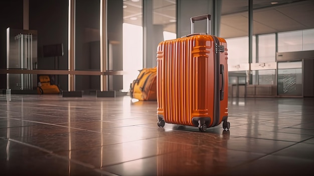 Close-up van oranje bagage met de vervaging van de achtergrond van de luchthaventerminal Generatieve AI