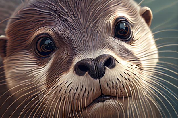 Close-up van otters gezicht met zijn speelse ogen en bakkebaarden zichtbaar