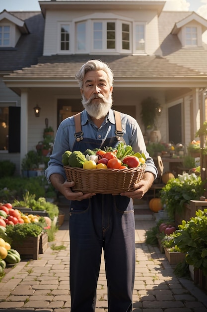 Close-up van oude boer met een mandje met groenten de man staat in de tuin