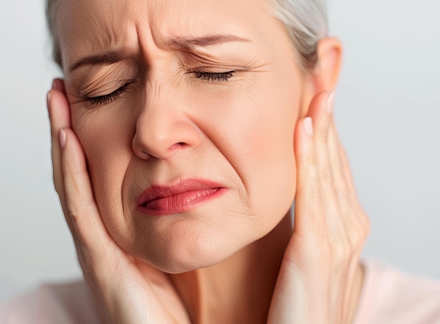 Close-up van oudere vrouw met handen op het gezicht die tekenen van ernstige hoofdpijn of migraine vertoont