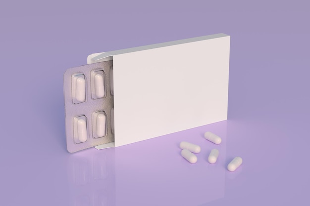 Close up van pakket blister met ronde medicijnen één kleur pillen Mockup sjabloon 3D-rendering
