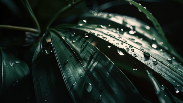 Close-up van palmbladeren van tropische planten met regendruppels Groene natuurlijke achtergrond Generatieve AI