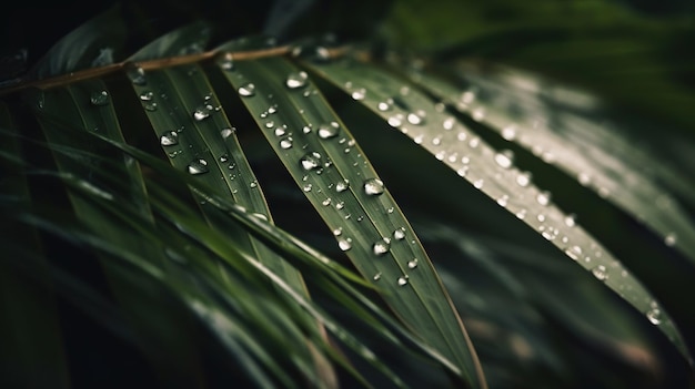 Close-up van palmbladeren van tropische planten met regendruppels Groene natuurlijke achtergrond Generatieve AI