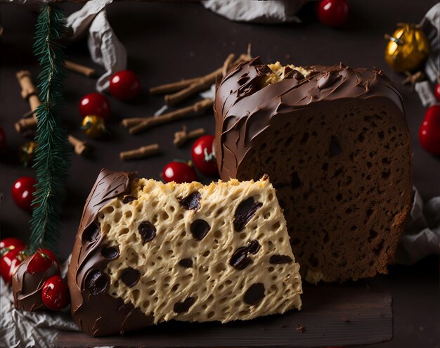 Close-up van panettone gevuld met genereuze chocoladedruppels perfect voor het vieren van Kerstmis met genot gegenereerd door AI