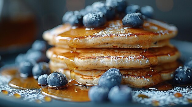 Foto close-up van pannenkoeken zachtjes bezaaid met honing en versierd met bosbessen esthetisch voedsel