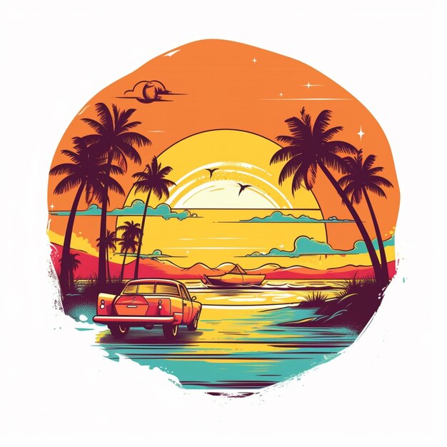 A close up of a van parked on a beach near palm trees generative ai