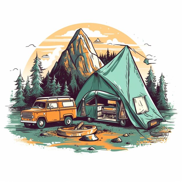 Близкий взгляд на фургон, припаркованный рядом с палаткой с горой на заднем плане