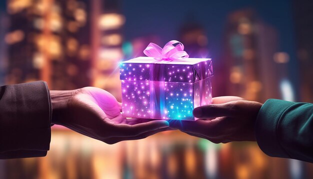 close-up van persoon die een klein geschenk aanbiedt verpakt present synthwave neon stadsverlichting achtergrond