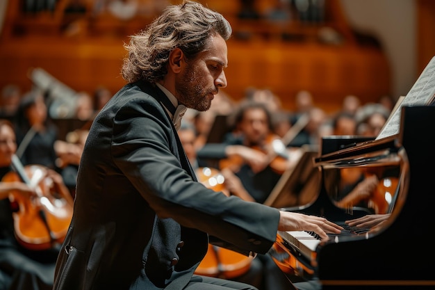 Close-up van pianist piano spelen met orkest