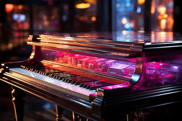 Close-up van pianotoetsen met studio- en neonverlichting