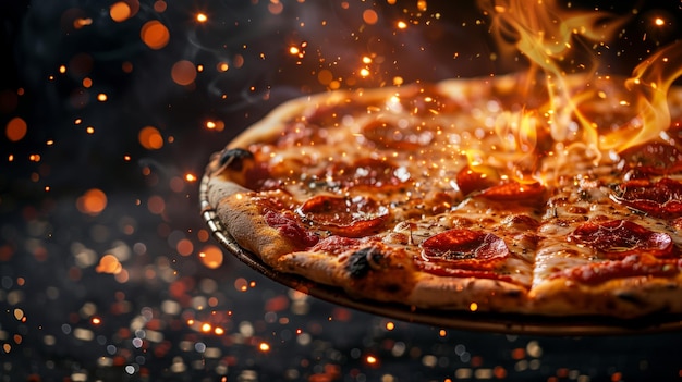 Close-up van pizza op Flaming Pan Generative AI